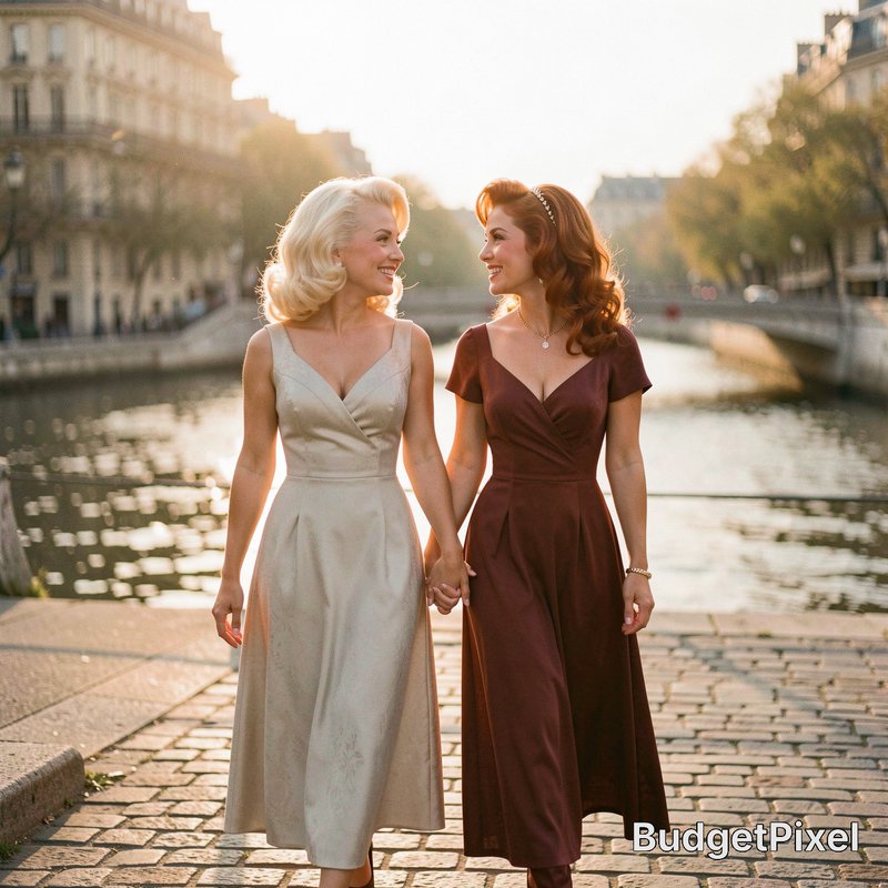 Two women in vintage dresses holding hands as they walk along a sunlit canal in a European city.