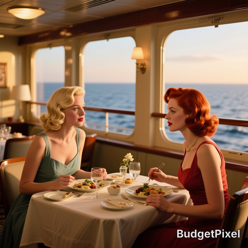 Two glamorous women in 1950s-style dresses dine on a cruise ship with an ocean view.