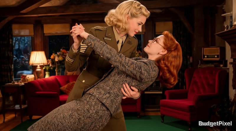 [Two 1940s-styled women share a romantic dance, one in military uniform dipping her red-haired partner in a cozy vintage l...