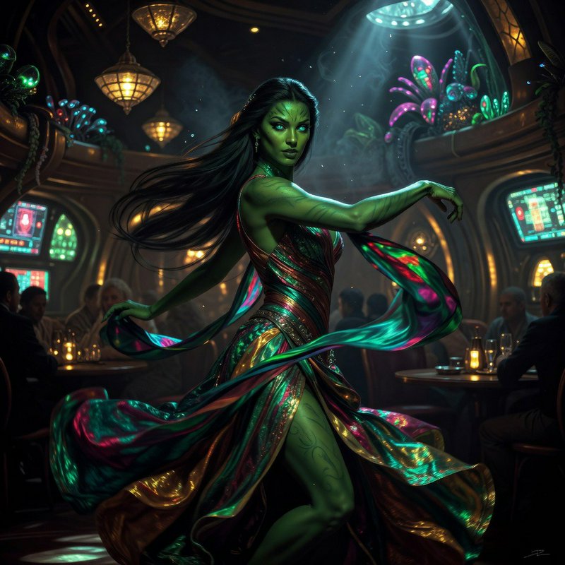 Green-skinned alien woman dances in a shimmering iridescent gown inside a lavish futuristic fantasy casino lounge.