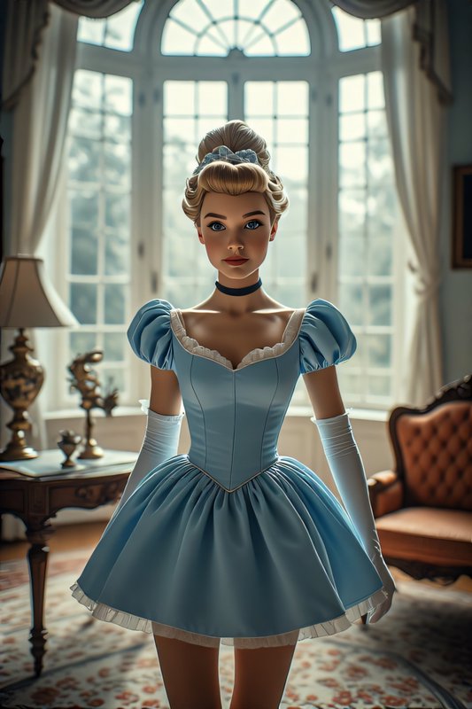 Stylized animated Cinderella in pale blue ballgown stands in a sunlit elegant vintage manor parlor