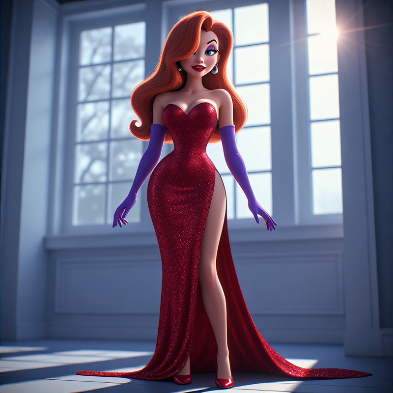 3D stylized render of Jessica Rabbit in a sparkling red evening gown standing in a sunlit elegant room.