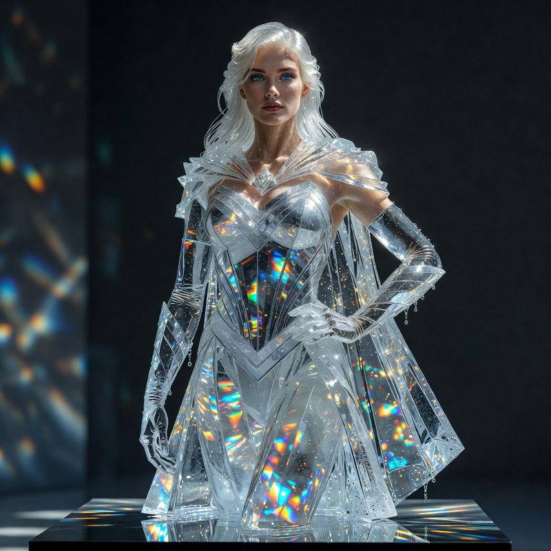 Regal platinum blonde fantasy female wearing transparent iridescent crystal armor stands on a reflective display pedestal.