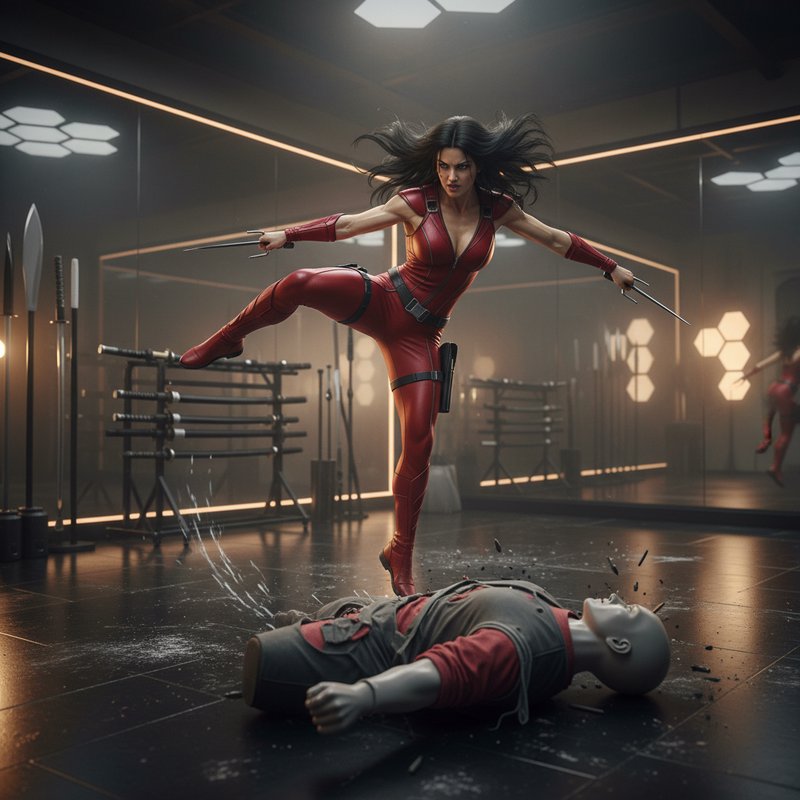 Fierce female martial artist in red suit mid kick, holding twin sai blades over training dummy in neon dojo.