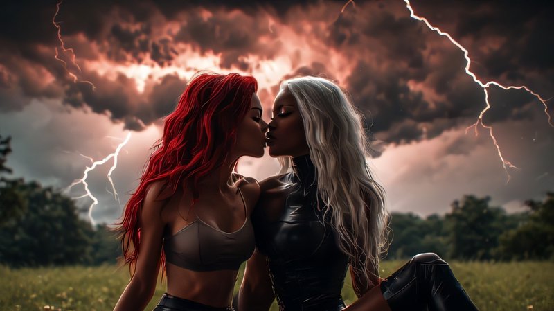Two women share a tender kiss in a grassy meadow beneath a dramatic storm sky flashing with lightning.