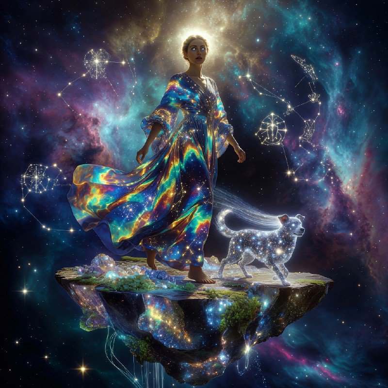 Luminous celestial goddess with a stardust dog stands on a floating rock platform amid swirling colorful nebula and