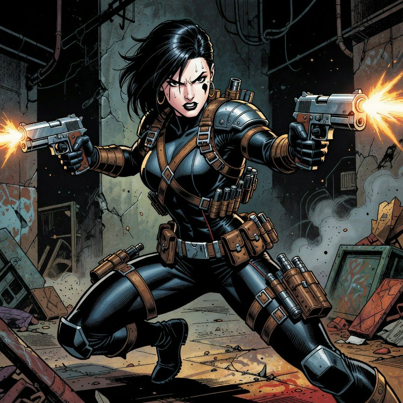 Comic panel of fierce female tactical mercenary firing dual handguns in a crumbling ruined industrial bunker