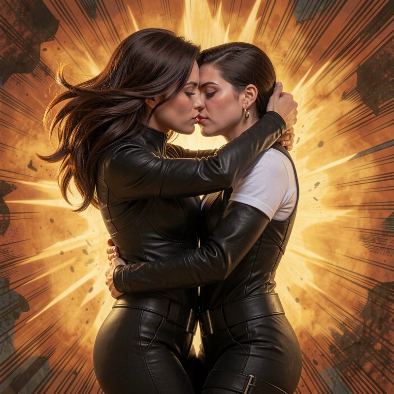 Two women in black leather outfits kiss and embrace against a dramatic stylized fiery explosion comic-style background