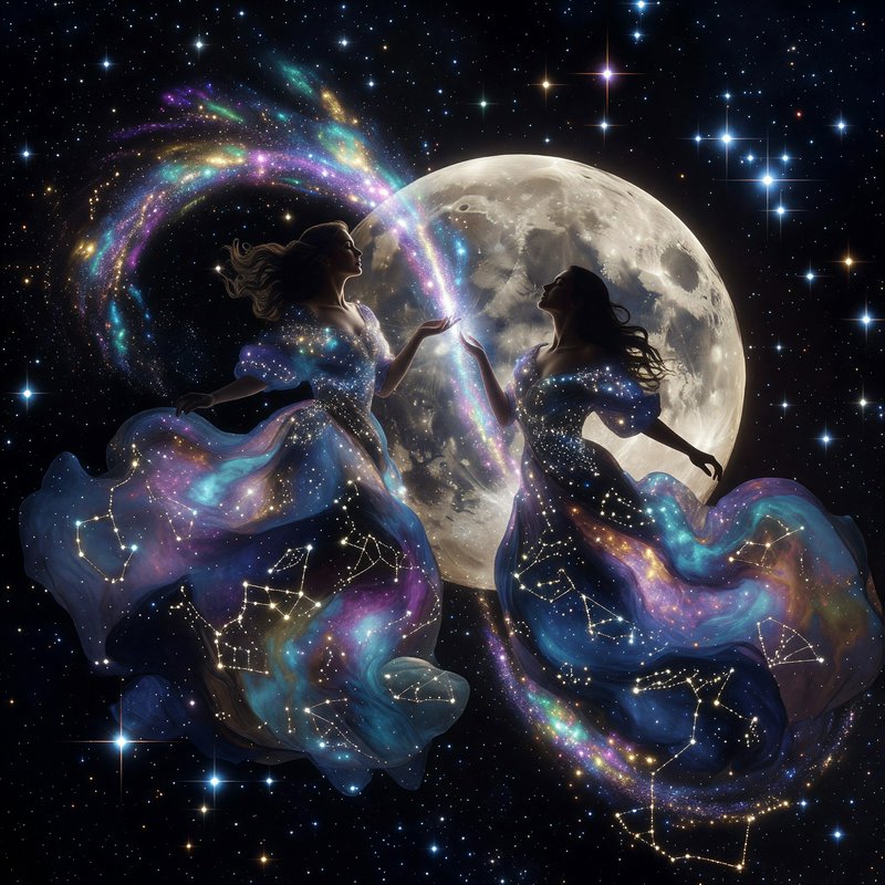 Two ethereal celestial women in constellation gowns touch hands, swirling stardust nebula beside a full moon in starry