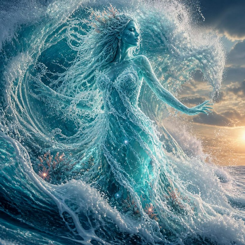Ethereal ocean goddess formed of turquoise sea waves stands with outstretched arms amid curling surf at golden sunset