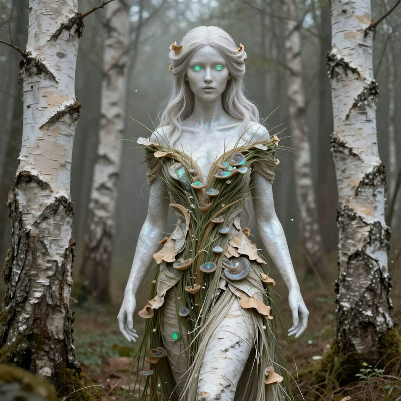 Ethereal birch dryad forest spirit with glowing green eyes stands between birch trees in a misty ...