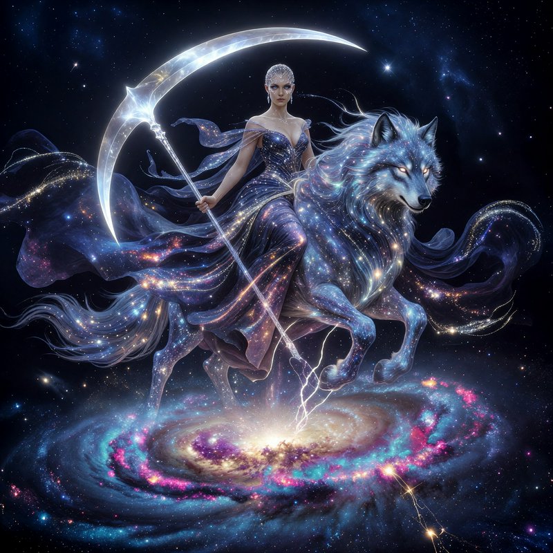 Ethereal cosmic goddess holding a glowing crescent scythe rides a starry celestial wolf above a s...