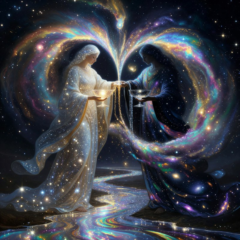 Ethereal light and dark celestial figures pour glowing liquid from goblets, forming a heart-shape...