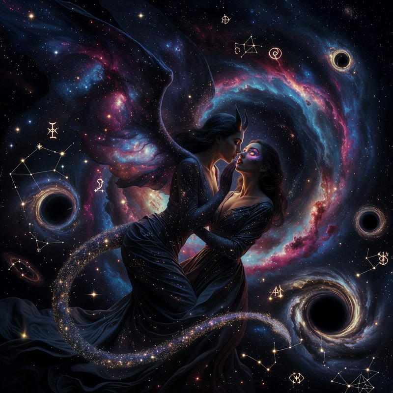 Horned winged celestial being leans in to kiss a partner, set against a swirling vibrant cosmic b...