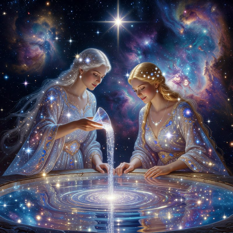 Two celestial goddesses pour starry liquid into a glowing cosmic pool against a swirling nebula n...