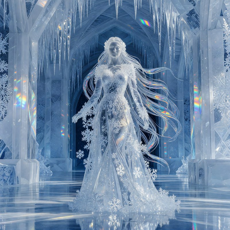 Ethereal ice queen in a translucent snowflake gown stands inside a glittering frozen ice castle h...