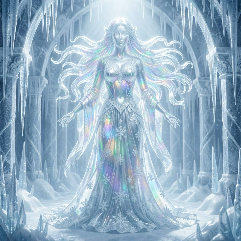 Iridescent ethereal ice queen stands regally in a glowing frozen ice palace hall lined with hangi...