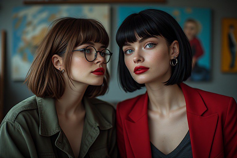 Close-up portrait of two stylish young women with blunt bob haircuts and red lipstick, seated sid...