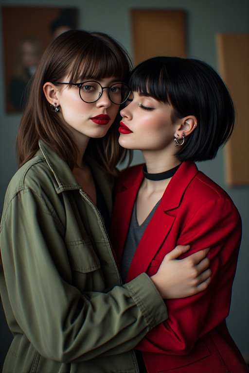 Intimate portrait of two stylish young women embracing closely, one in round glasses, the other i...