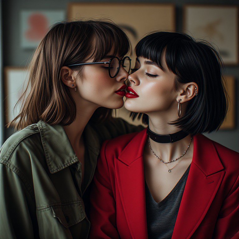 Intimate close-up portrait of two young women sharing a tender near-kiss, eyes closed, in a cozy ...
