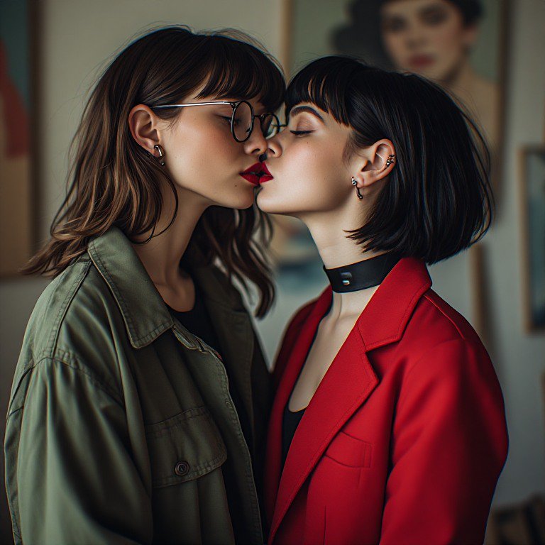 Intimate portrait of two stylish young women sharing a soft closed-eye kiss in a warm indoor art ...