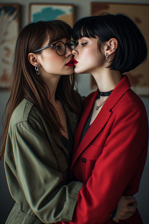 Two stylish young women embrace, leaning in to kiss, with framed wall art blurred in a soft indoo...