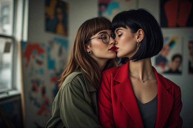 Two stylish young women share a gentle intimate kiss inside a sunlit creative art studio lined wi...