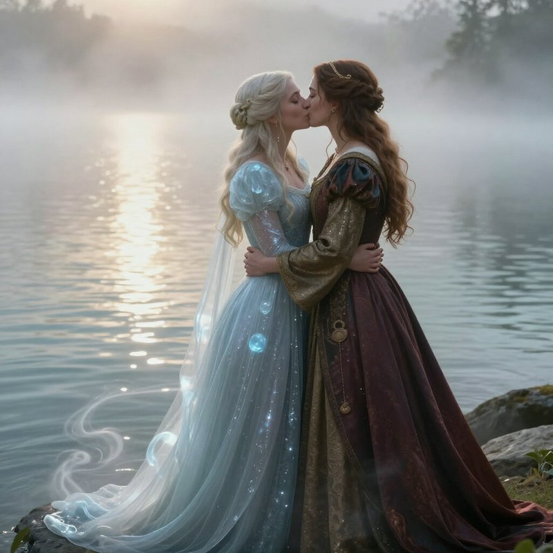 Two women in elaborate fantasy gowns kiss tenderly on a misty lakeshore at hazy golden sunrise.