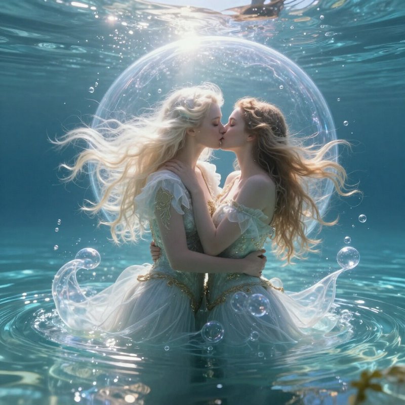 Two blonde fantasy women in flowing gowns kiss tenderly inside a large glowing bubble under sunli...