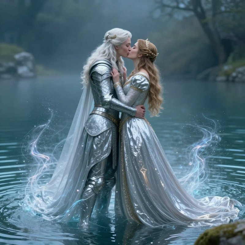 Tender elven royal couple kissing while standing in a misty enchanted lake, surrounded by glowing...
