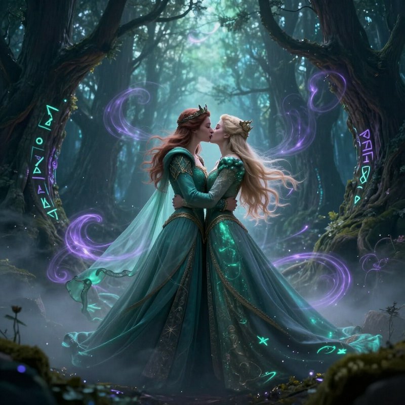 Two regal elven queens kiss tenderly in a misty enchanted forest surrounded by swirling glowing m...
