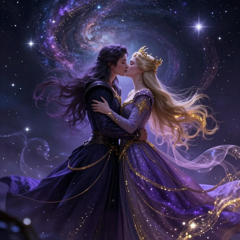 Ethereal fantasy royal couple kissing, wearing flowing purple and gold gowns, against a swirling ...