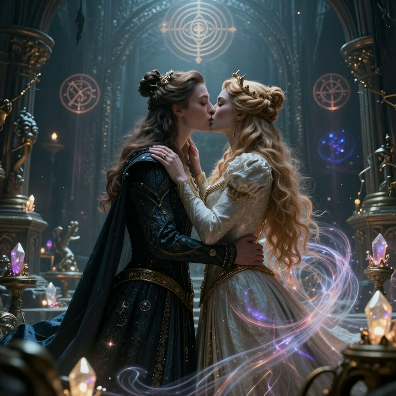 Two queer fantasy royal women share a tender kiss inside a glowing enchanted gothic chamber fille...
