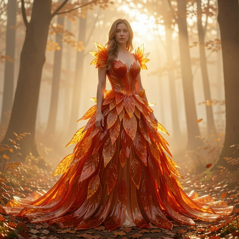 Woman in an ornate translucent amber leaf gown stands in a misty sunlit autumn forest at golden h...