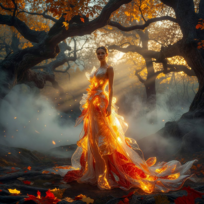 Regal woman in glowing leaf-shaped gown stands in misty autumn forest beneath gnarled trees at go...