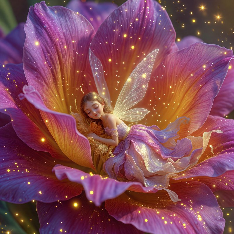 Ethereal winged fairy sleeps peacefully nestled inside a giant glowing purple bloom, surrounded b...