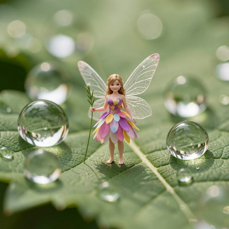 Tiny fairy with translucent gossamer wings stands on a dewy green leaf surrounded by glistening c...