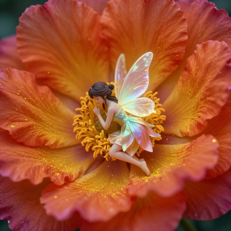 Tiny fairy with iridescent gossamer wings kneeling peacefully in the center of a large warm orang...
