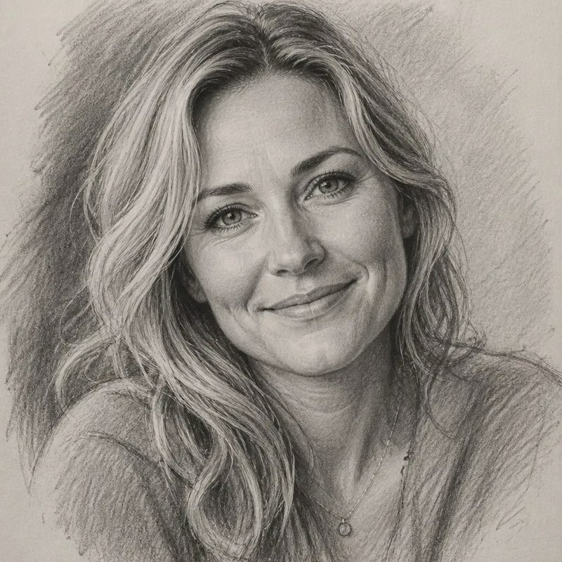 Realistic graphite pencil portrait of a smiling middle-aged woman with wavy blonde hair and a del...