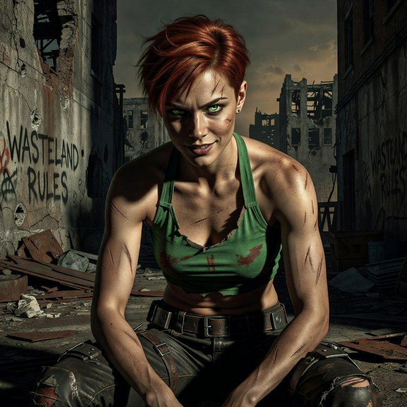 Scarred muscular red-haired post-apocalyptic female survivor sits confidently in a graffiti-cover...