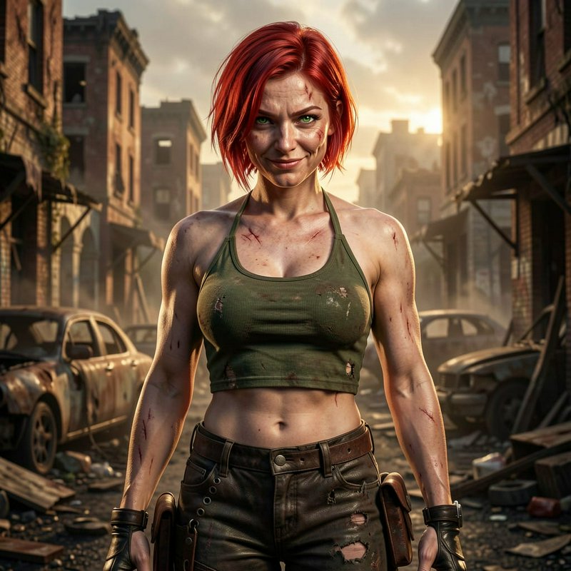Battle-scarred muscular red-haired female post-apocalyptic survivor stands in a ruined city stree...