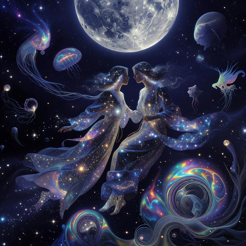 Ethereal celestial twin women float face to face under a full moon, surrounded by glowing iridesc...