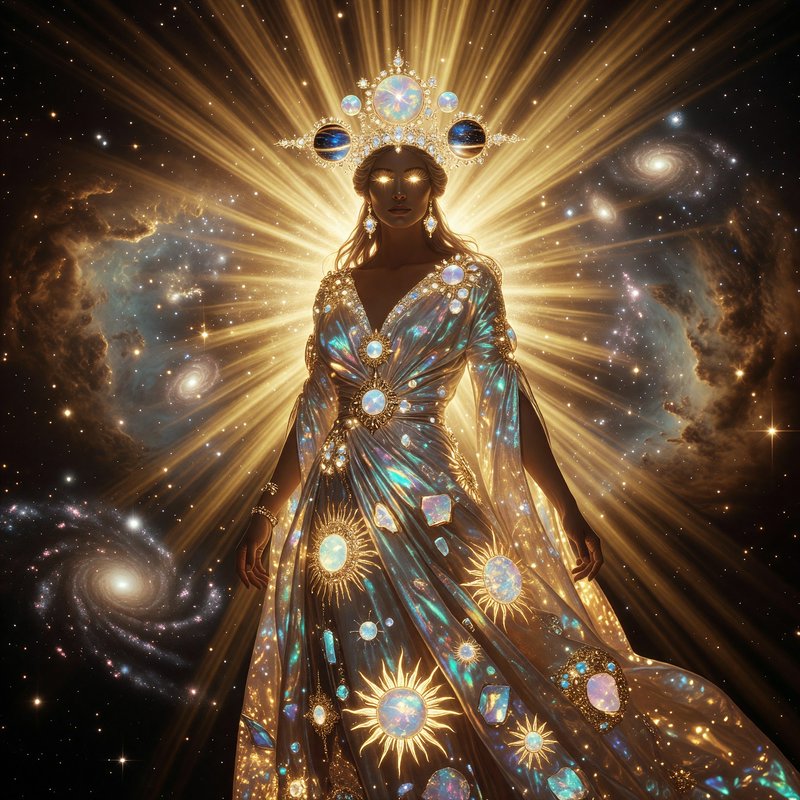 Radiant celestial sun goddess with planetary crown stands glowing against a starry galaxy backdro...