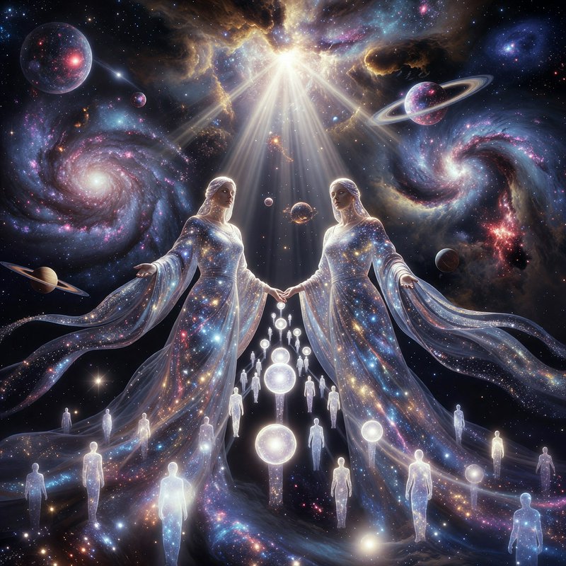 Two glowing ethereal celestial goddesses hold hands above light spirit figures, set against swirl...