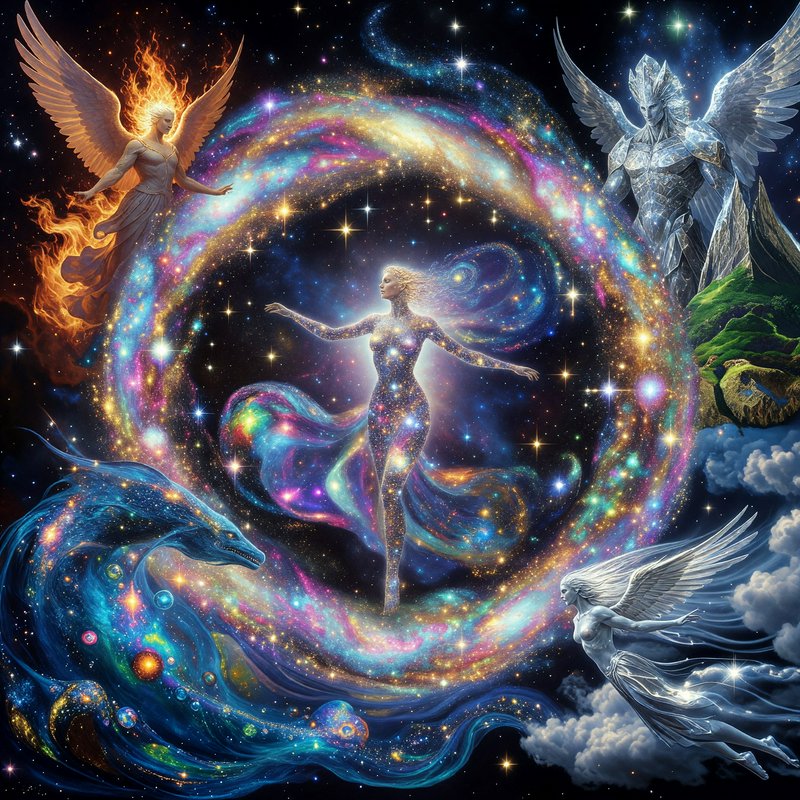 Surreal cosmic fantasy art of a stardust celestial goddess, winged angels, and cosmic dragon in s...