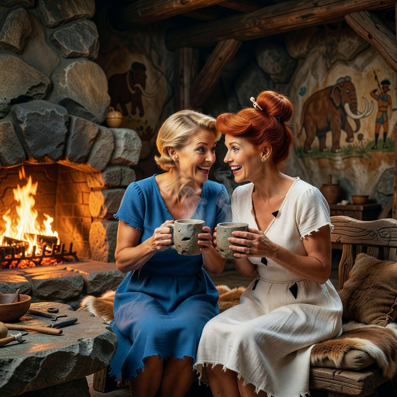 Two women in Flintstones-inspired dresses laugh holding steaming mugs beside a glowing cave firep...