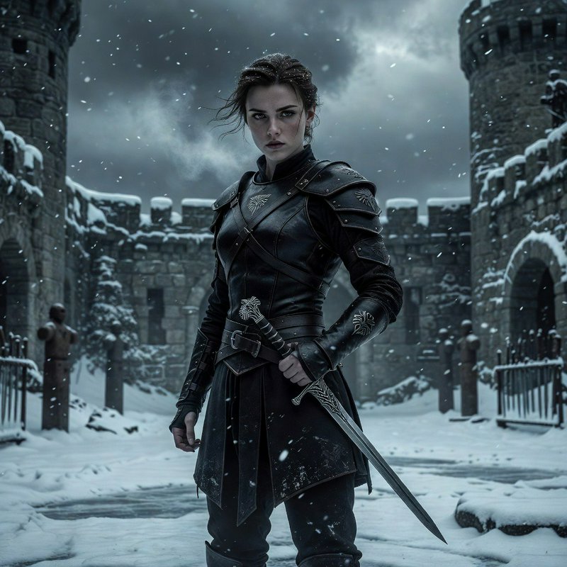 Stoic female warrior in engraved black leather armor holds a sword, standing in a snow-covered me...