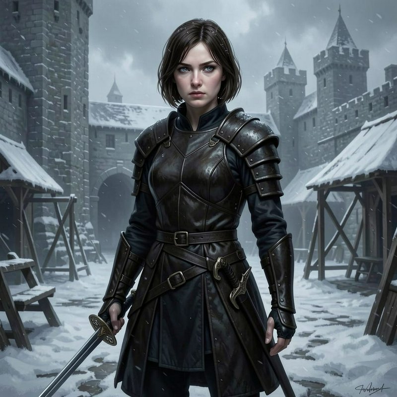 Stoic female warrior in dark leather armor holds a sword, standing in a snowy medieval castle cou...