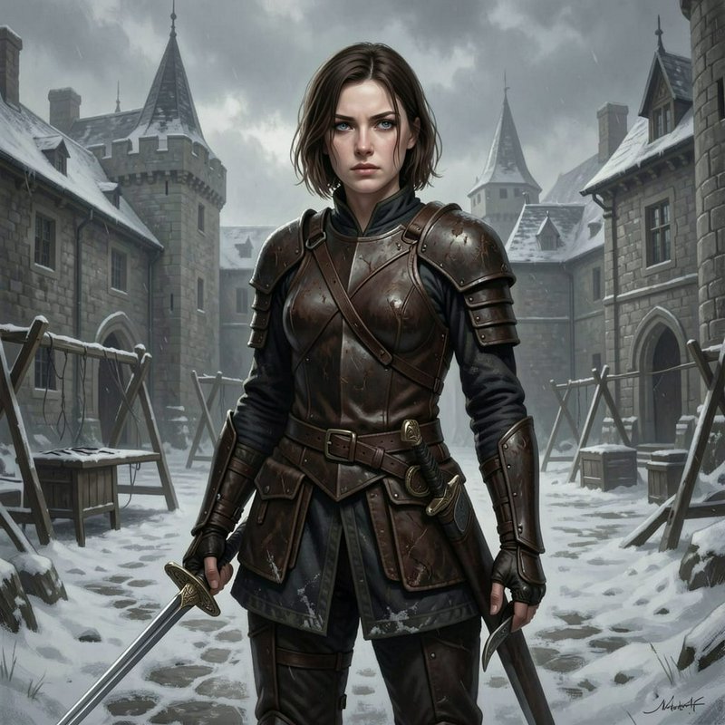 Stoic female fantasy warrior in weathered leather armor holds swords in a snow-covered medieval w...
