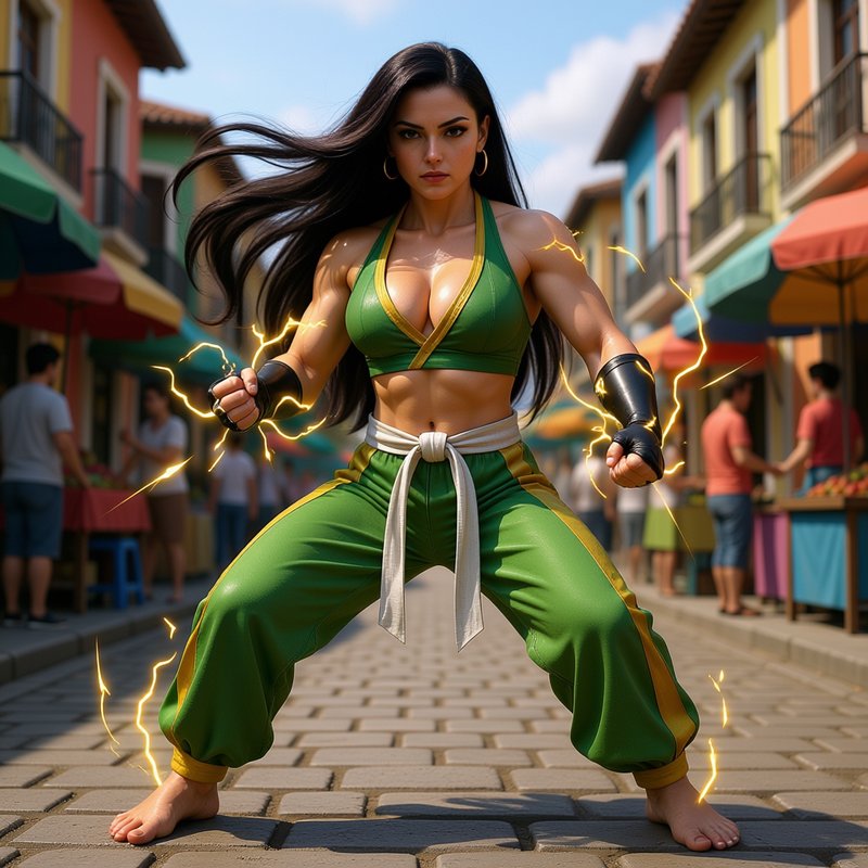 Muscular female martial artist surrounded by golden lightning holds a combat stance on a sunny co...